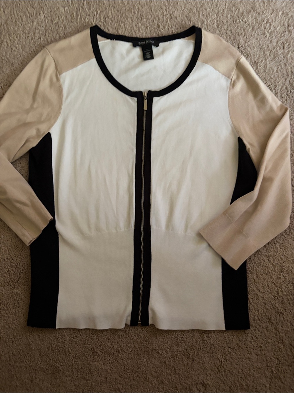 White House Black Market White, Beige & Black Zip-Front Colorblock Cardigan
